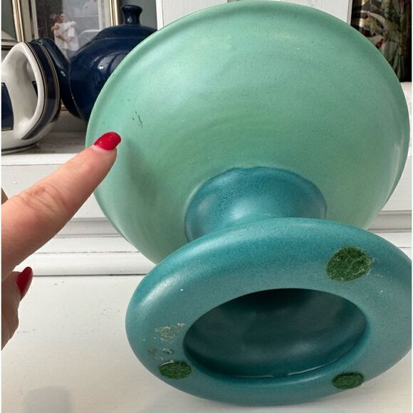 Vintage Compote Teal Turquoise Footed Bowl - Picture 5 of 7